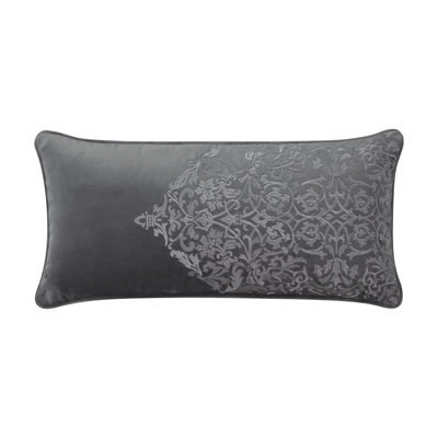 Waterford Lorna Grey 11" x 22" Embroidered Velvet Decorative Lumbar Pillow