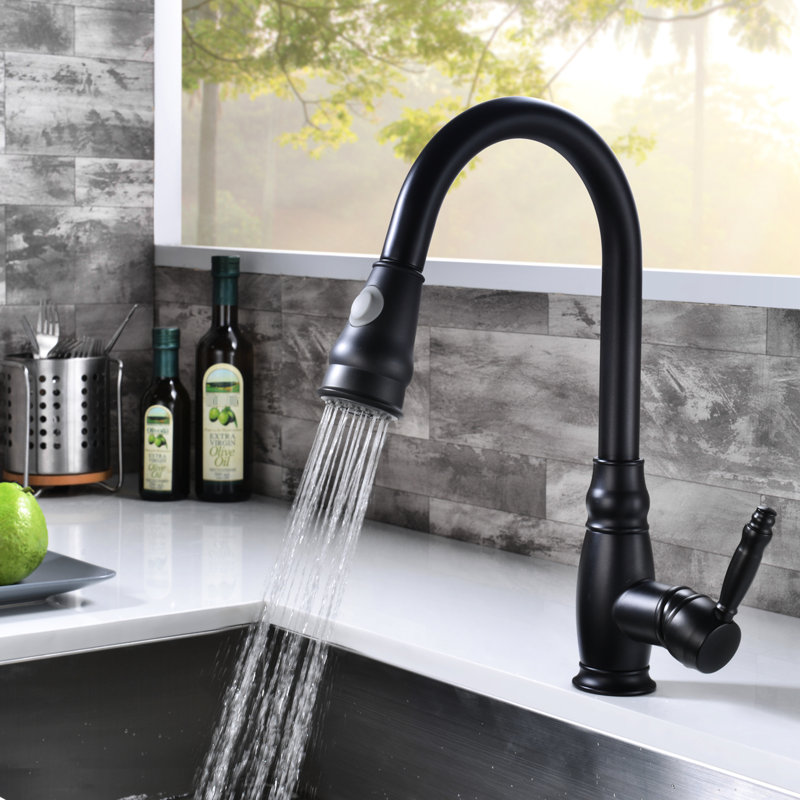 Modern Black Kitchen Faucet With Pull-Down - Brass Construction, Single Handle For Precise Water Temperature And Flow Adjustment Contemporary Black, Lever Smooth Control Functional Style