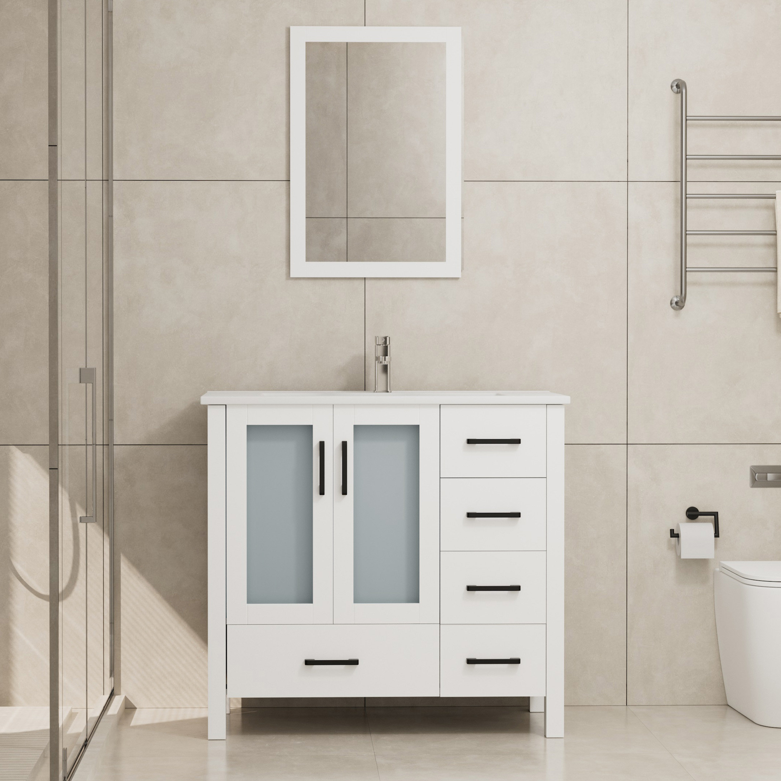 36 Contemporary Bathroom Vanity with Top Sink, 2 Soft Close Doors, and 6  Drawers, Gray - ModernLuxe