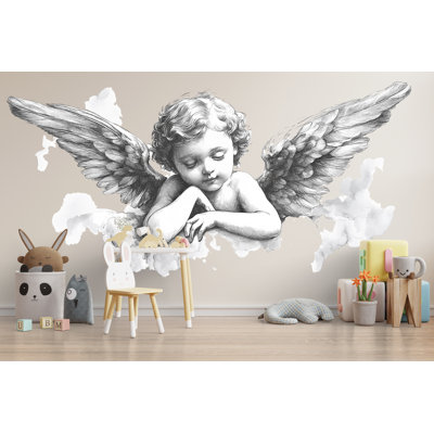 Adhésif décoratif ange chambre de bébé, grand ange gardien sur lit de bébé, art mural amovible pour chambre de bébé 120Mv