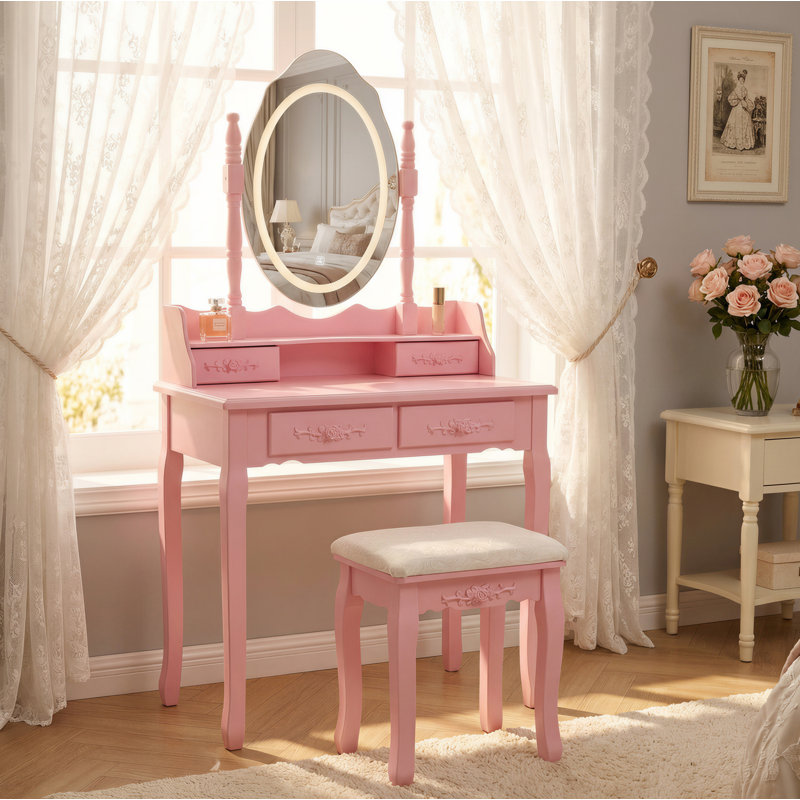 Pink Princess Vanity Desk Set With Mirror & Cushioned Stool,Light Modes,4-Drawer Wooden Makeup Vanity Table For Girls' Bedroom, Dressing Table With Ample Storage