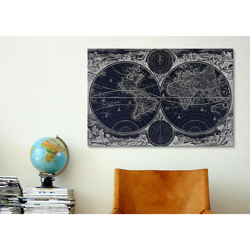 Antique Map of the World in Two Hemispheres (1730) by Stoopendaal in Negative Graphic Art on Canvas in Negative