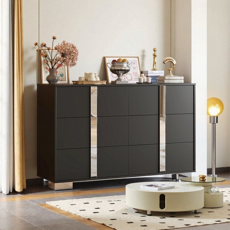 Commode 6 tiroirs 47 po, armoire de rangement en MDF avec détails en métal, Noir