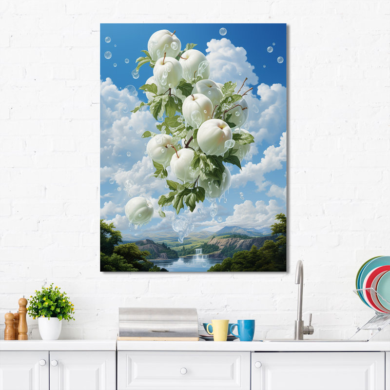 Pomme, Ascension, nuage, blanc, surréel I - fruits, art mural, H 32 po x l 16 po x P 1 po