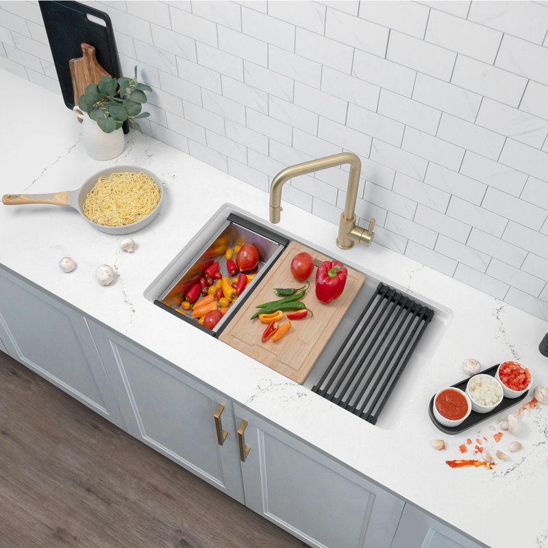 Évier de cuisine 32 po x 18 po en composite de granite, encastré à simple cuve ou encastré avec accessoires intégrés, Blanc