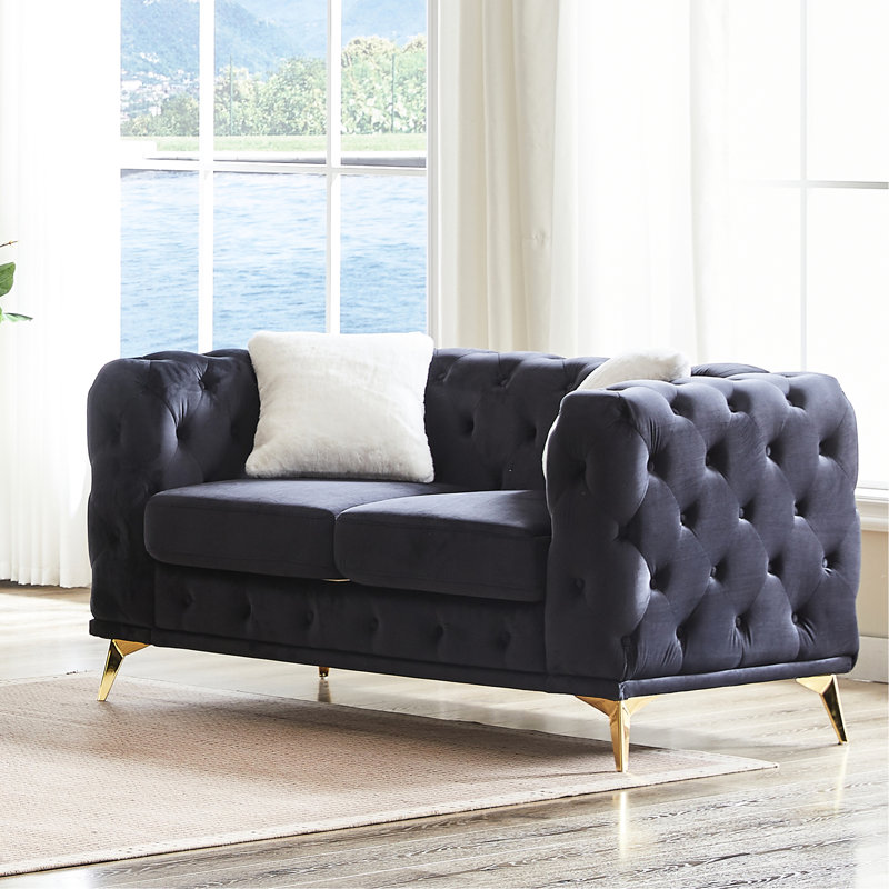 60,85 po, velours de style, boutons, 2 coussins, pieds en métal, coussins à ressorts et en mousse, chambres de 60,85 po avec conception à boutons, pieds aux couleurs contrastées, structure en bois massif, confortable pour trois personnes, convient