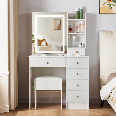 Ensemble de coiffeuse avec miroir coulissant éclairé à DEL, table de maquillage avec 6 tiroirs, tabouret de rangement, ensemble de coiffeuse pour chambre à coucher Justré