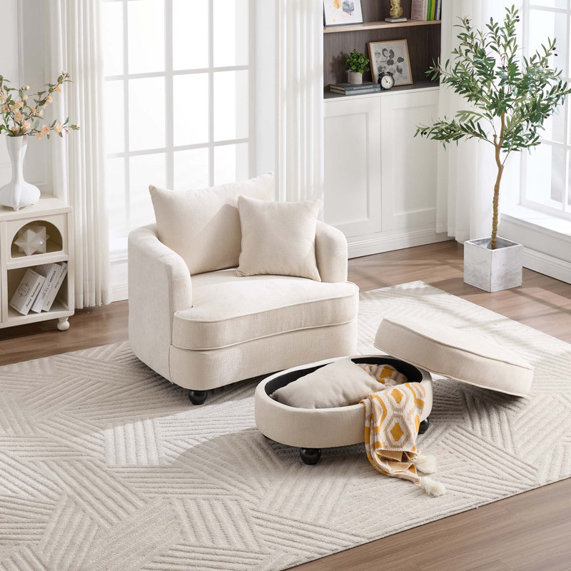 40.2 " Modern Chenille Accent Chair,comfy Reading Chair With Storage Ottoman, Beige