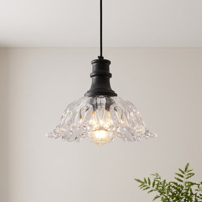 Suspension à 1 lumière de 26 cm de diamètre, en forme de dôme, avec abat-jour en verre à pétales et cordon d'alimentation.