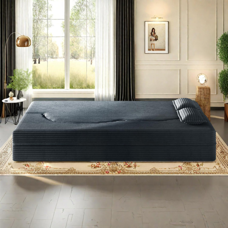 Canapé-lit convertible au sol avec 2 coussins, tissu en velours côtelé, rembourré de mousse, aucun assemblage requis, Gris