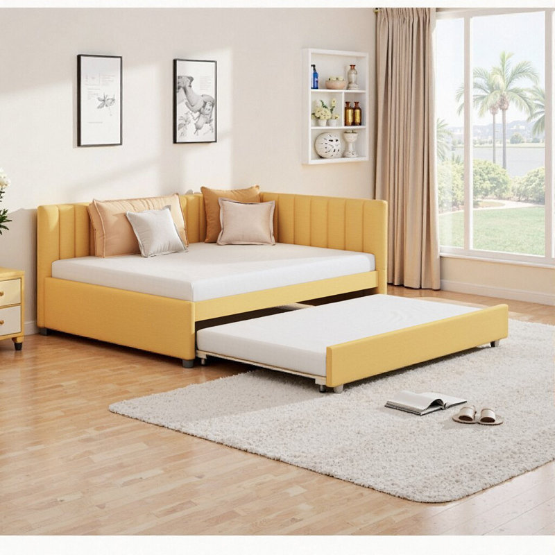 Modern Linen Upholstered Full Size Daybed with Twin Trundle | Sunflower Yellow, No Box Spring Needed, Yellow