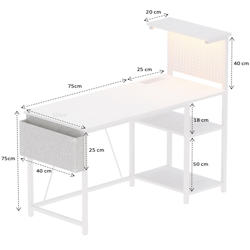 Metal Base Computer Desk with Power Outlet, White