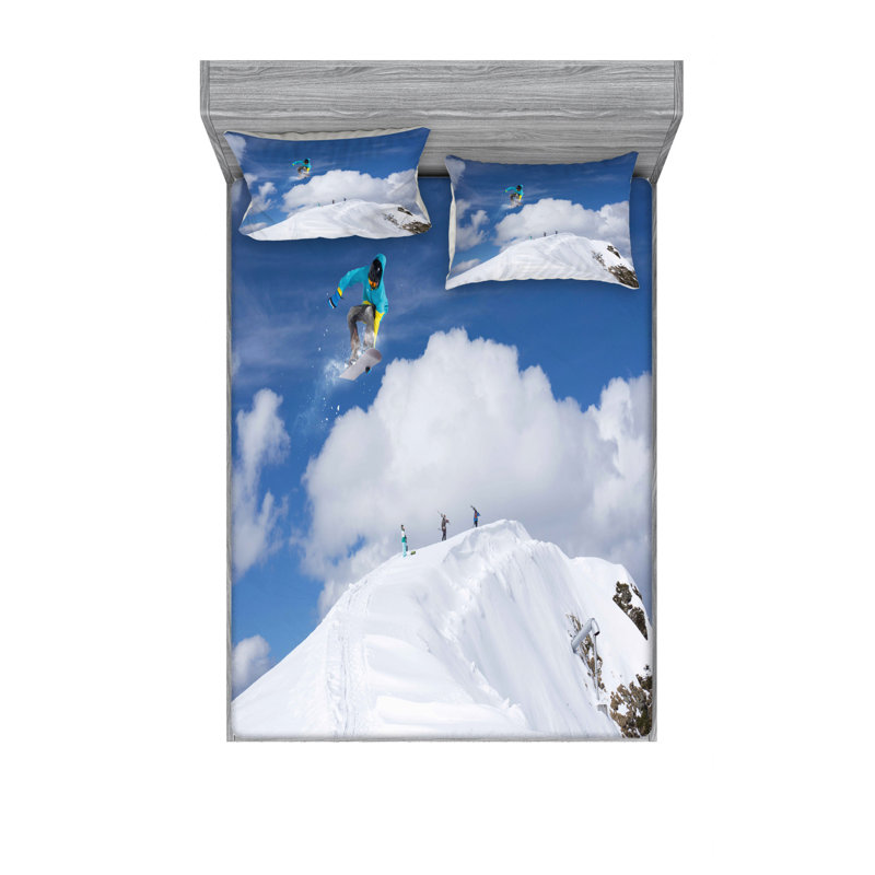 Microfiber Sheet Set, Full/Double Sheet Set with Fitted Sheet, Flying Snowboarder on the Cloudy Sky