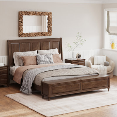 King Bed Frame with Tall Headboard and Storage Bench,Soild Wood Sleigh Bed with 79" Storage Chest,No Box Spring Needed, Wanlut