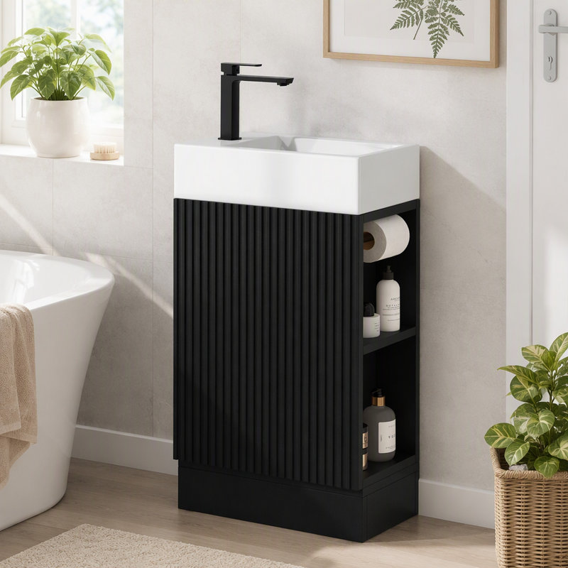 Meuble-lavabo de salle de bain de 47,2 cm (18,6 po) avec lavabo et tablette à deux niveaux, armoire noire pour une installation à gauche ou à droite