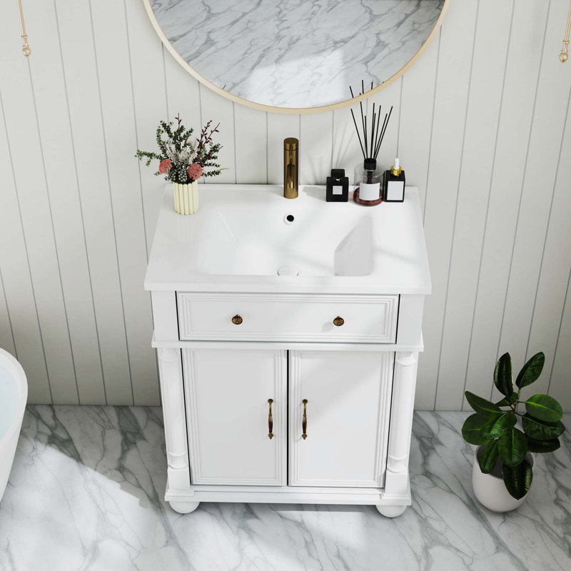 Meuble-lavabo de style campagne Mid-Century avec rangement et base en bois massif, Blanc