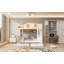 Lit superposé double au-dessus de double avec garde-corps en forme de maison et tablettes et tiroirs de rangement, blanc et naturel
