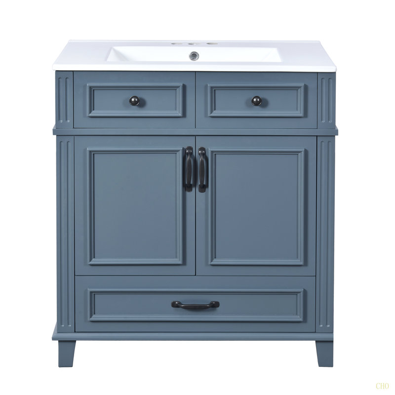 Meuble-lavabo de 30 po avec lavabo en céramique, armoire de rangement en bois massif avec portes à fermeture douce, style rétro