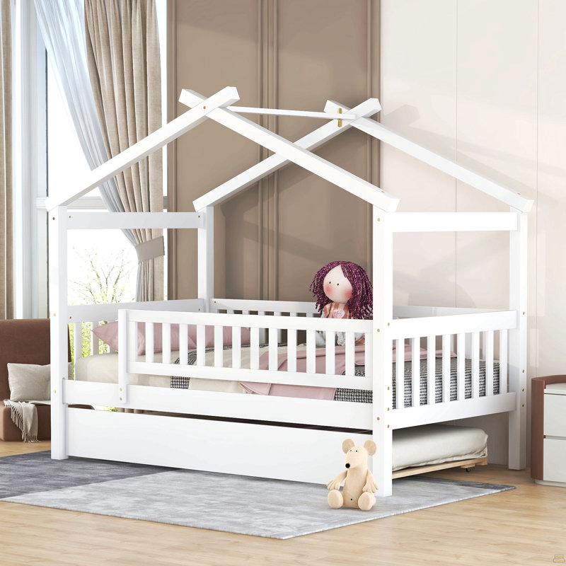 Lit simple en bois avec lit gigogne simple, Blanc