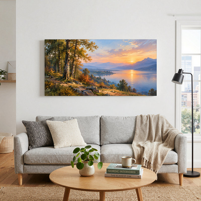 Tableau sur toile représentant des bouleaux et des montagnes au coucher du soleil doré, au bord d'un lac, 32"W x 16"H