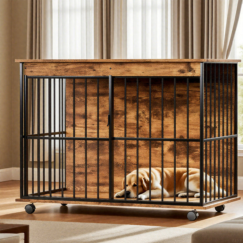 Grand mobilier pour cage de chien avec plateaux et roues, Grand (H 35,58 po x l 35,43 po x P 23,22 po), Noir/naturel
