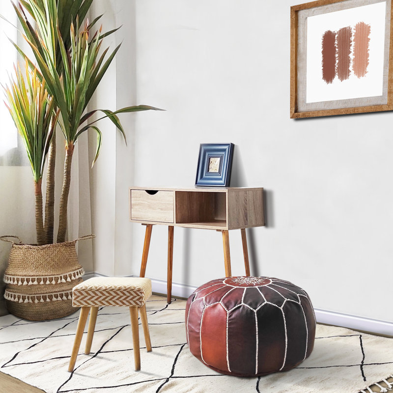 Leather Pouf, Tobacco Brown Genuine Leather