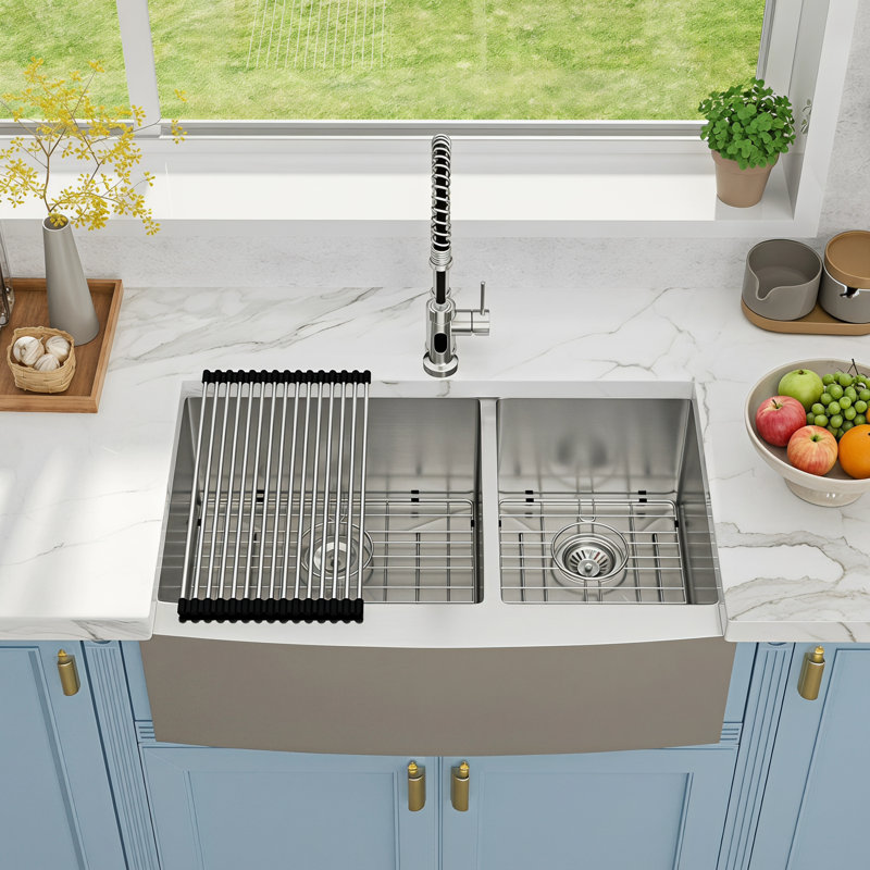 33" L x 21" W Farmhouse Double Bowl 60/40 Kitchen Sink Stainless Steel Kitchen Sink Apron Front Sink, Brushed Nickel