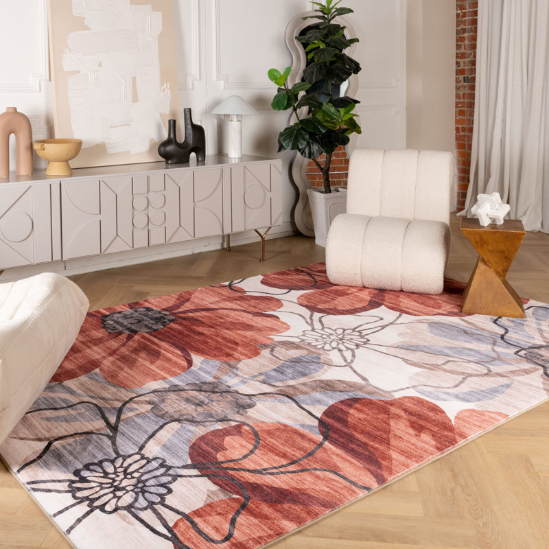 Tapis d'intérieur à motif floral rouge / beige 7 pi x 10 pi (6 pi 7 po x 9 pi 6 po) Sakura de Branch Branch
