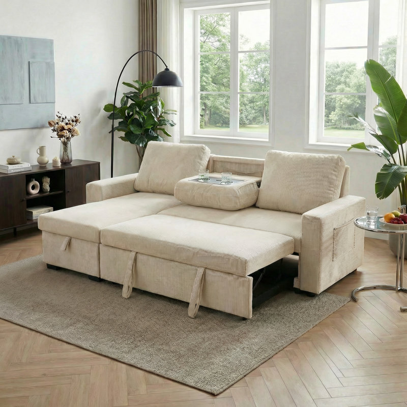 73.62" Corduroy Stripe L-Shaped Sectional Sofa For Living Rooms, Beige Corduroy