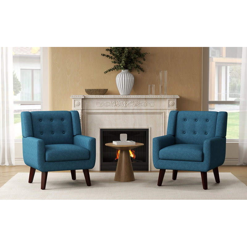 Tufted Linen Upholstered Accent Armchair With Solid Wood Leg, Dark Teal, 1