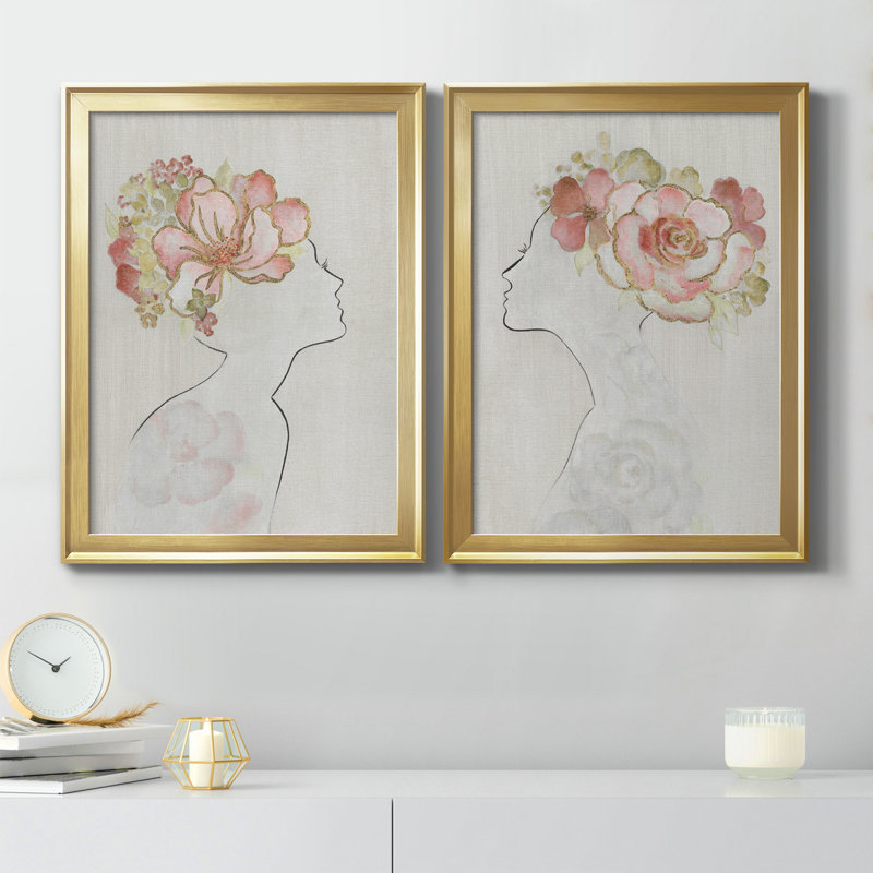 Fashion Floral Silhouette I - Ensemble de 2 peintures sur toiles, H 18,5 po x l 49 po x P 1,5 po, Toile avec cadre doré