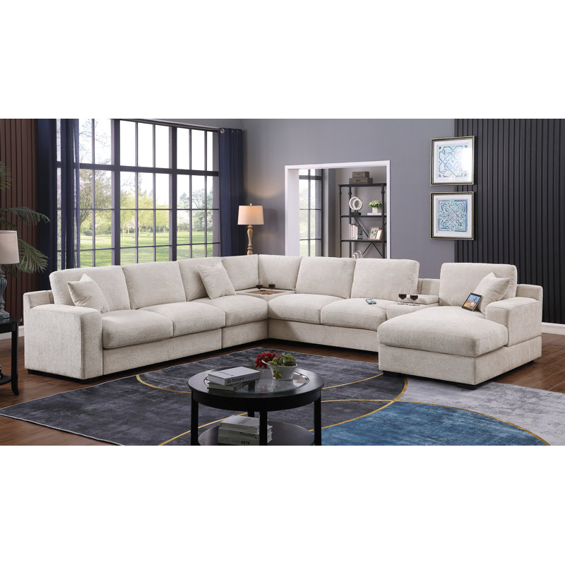 Devendra Modern Chenille Fabric Right-Facing Corner Sectional Sofa, Beige Chenille
