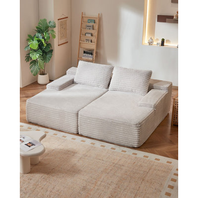 82.7-Inch Oversized Double Chaise Lounge, Corduroy Fabric Sectional Sofa, Cozy Deep Seat Loveseat Sofa With Soft Cushions And Throw Pillows For Living Room Bedroom, No Assembly Required, Beige