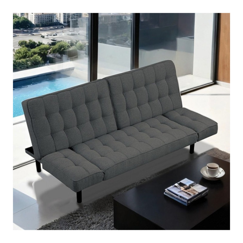 Futon-lit gris foncé avec siège et dossier capitonnés en biscuit - Accoudoirs réglables, canapé convertible pour le salon, design multifonctionnel contemporain