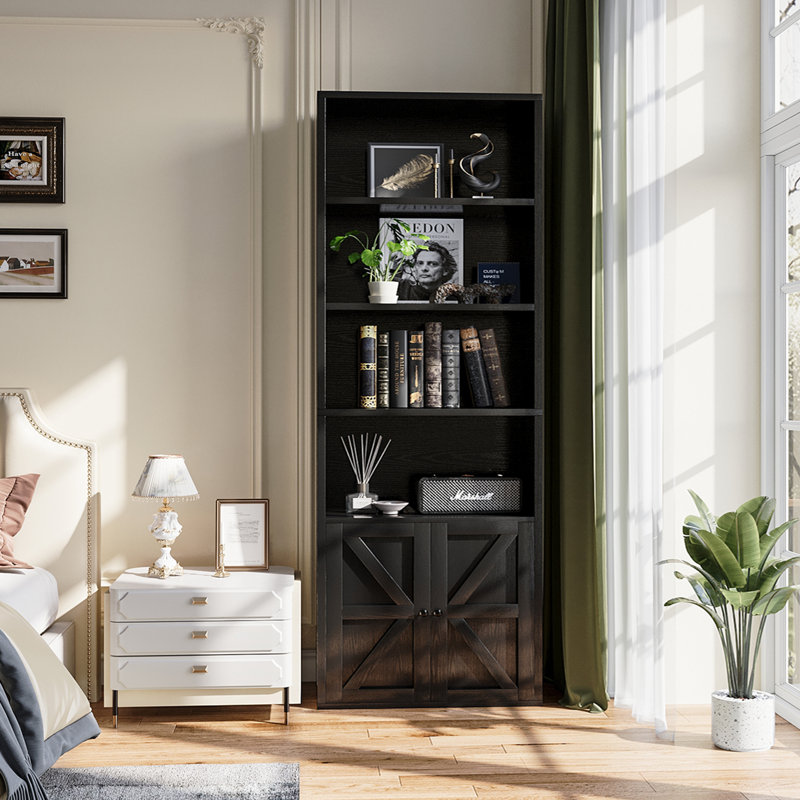 Bibliothèque de rangement avec portes Tiranke, Noir, (6 tablettes) H 71,2 po x l 21,8 po x P 9,3 po