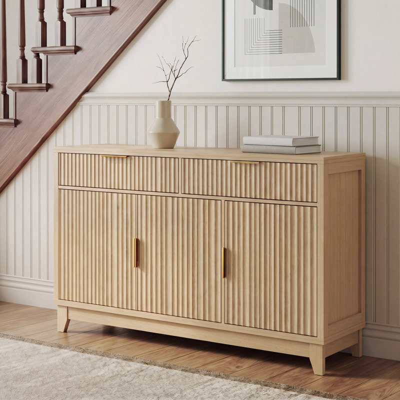 47" Modern Fluted Buffet Cabinet, 2 Drawers + Adjustable Shelves – Large Storage for Dining Room, Living Room, Burlywood
