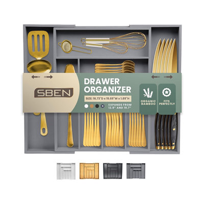 Organisateur de tiroir extensible pour porte-ustensiles, plateau à couverts réglable, 8 fentes, séparateurs de tiroir en bois de qualité supérieure pour l'argenterie, les couverts, les couteaux, le rangement de la cuisine (gris, grand)