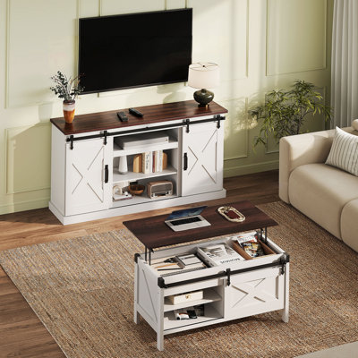 Ensemble de table basse 2 pièces de style ferme pour salon, meuble télé avec porte coulissante de style grange, table basse relevable avec rangement dissimulé, ensemble centre multimédia rustique en bois blanc et noyer