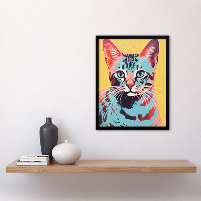 Retro Cat Moggie Duotone Blue Yellow Bold Vibrant 1 Piece Single Picture Frame Wall Art