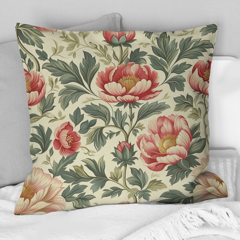 Coussin décoratif à motif floral rouge et vert Meadows II, H 18 po x l 18 po