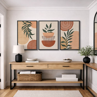 Mid Century Modern Boho Geometric Polygon Palm Leaf - 3 Piece Floater Frame Graphic Art Set on Canvas