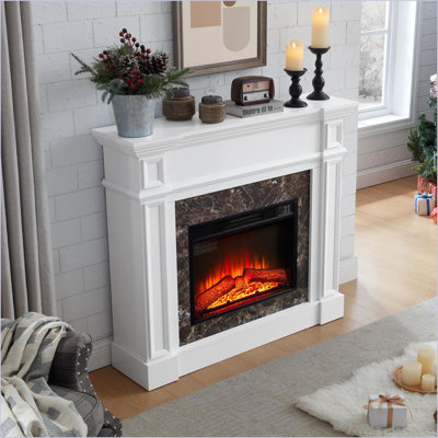 Foyer électrique avec manteau de cheminée, chauffage autoportant classique en pierre empilée avec télécommande Flamme 3D, blanc neige | L 45,7 po x P 11,8 po x H 40 po | Panneau de fibres à densité moyenne
