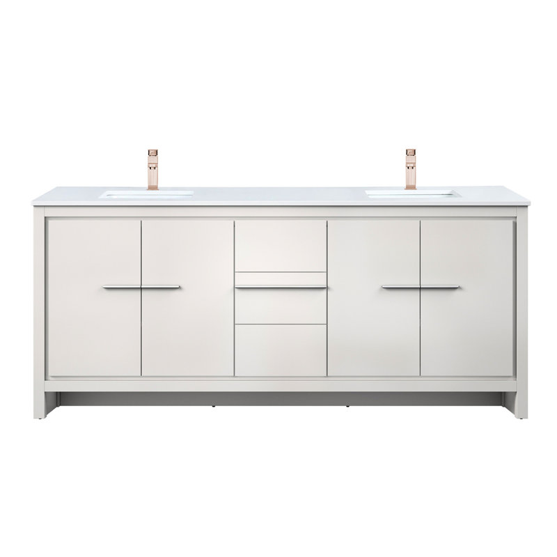 Meuble-lavabo double blanc 80 po L 20 po avec robinet en marbre de culture et or rose - Armoire de salle de bain à deux tiroirs