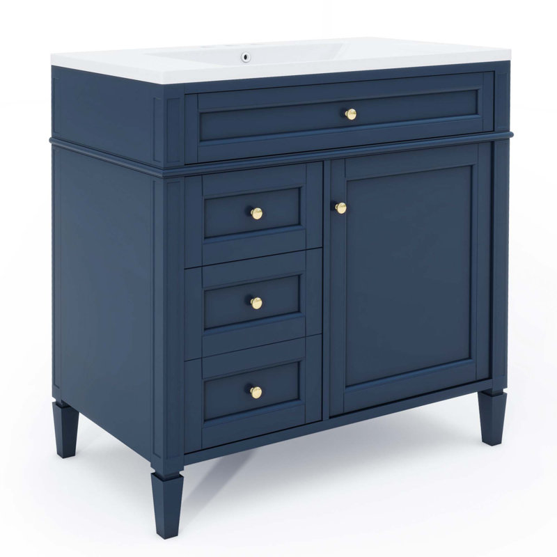 Meuble-lavabo moderne avec lavabo supérieur, 2 tiroirs et un tiroir basculant, Bleu