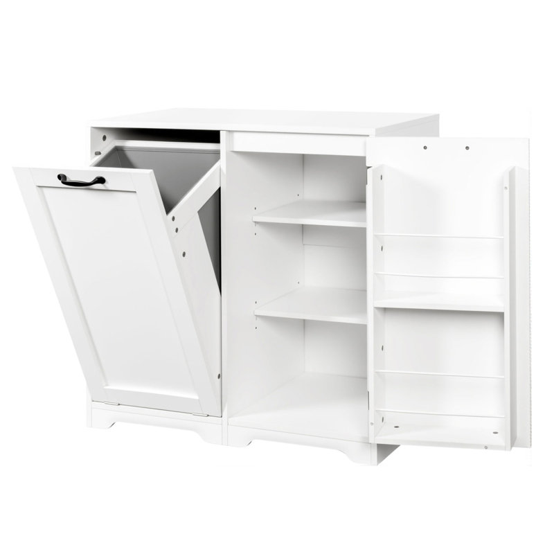 White Freestanding Laundry Cabinet with Tilt-Out Hamper & Adjustable Shelves - Door Storage