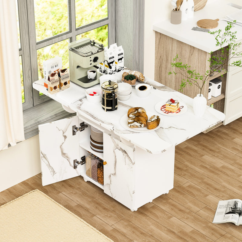 Table pliante de 47 po avec armoire de rangement en marbre blanc, polyvalente pour îlot de cuisine, table basse, tiroirs de couleur latérale, couloir mobile