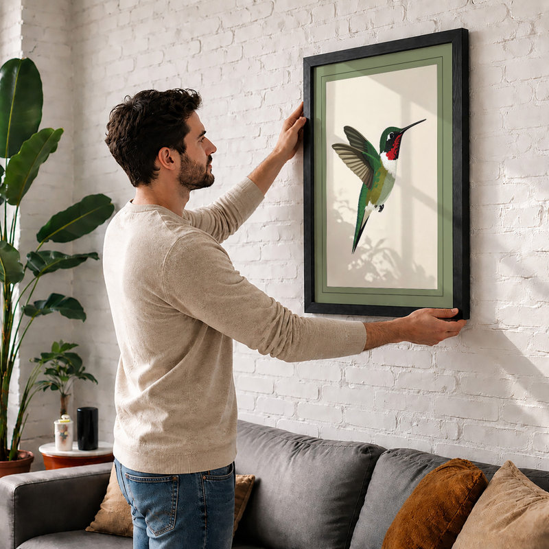 Ruby Hummingbird Botanical - Framed Print, A2 - 59.4 x 42.0 cm, Black