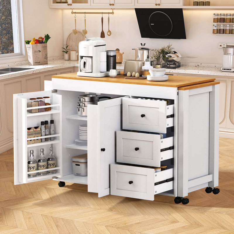 Arlonda 74.8" Kitchen Island With Storage And  Extendable Dining Table, White