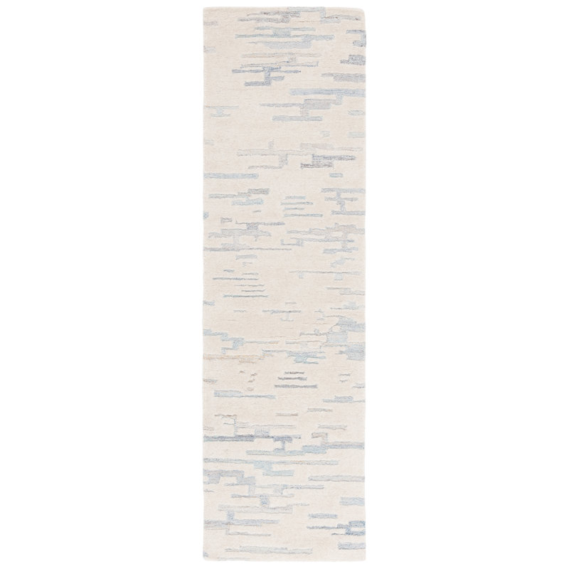 Alonie Hand Tufted Wool/Pet/Cotton Abstract Rug in Ivory/Light Blue, Runner 2'3" x 8'