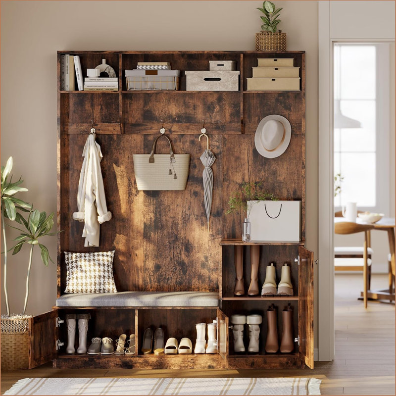 79 in Hall Tree, 5-In-1 Modern Entryway Bench with Coat Rack, Hall Tree with 4 Hanging Hooks, 3 Open Compartments & Adjustable Shelf, Coat Rack Freestanding for Entryway, Living Room